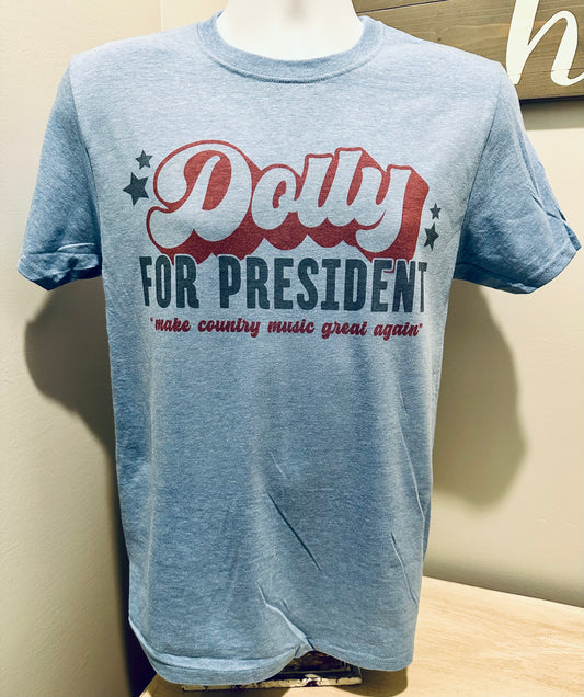 Dolly for President “Make Country Music Great Again” Custom Soft Heather Blue Vintage Print Tee