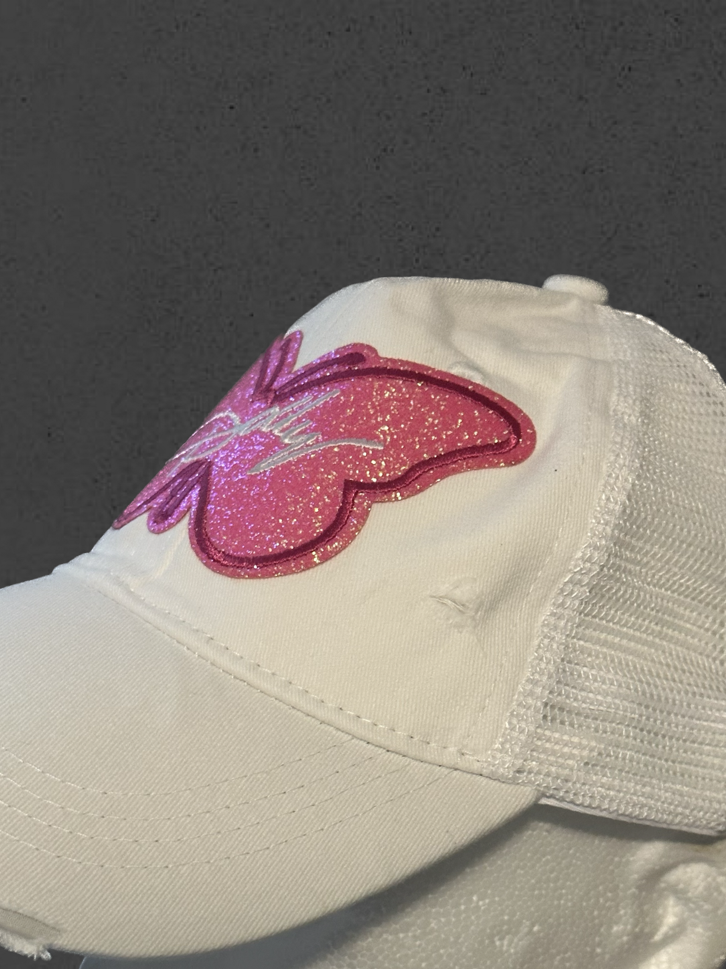 Dolly Parton Custom Pink Glitter Butterfly Distressed White Hat