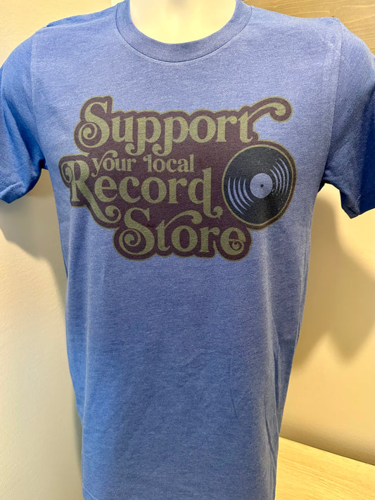 Support Your Local Record Store Custom Printed Retro Vintage Soft Heather Blue Tee