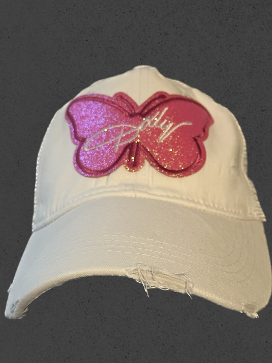 Dolly Parton Custom Pink Glitter Butterfly Distressed White Hat