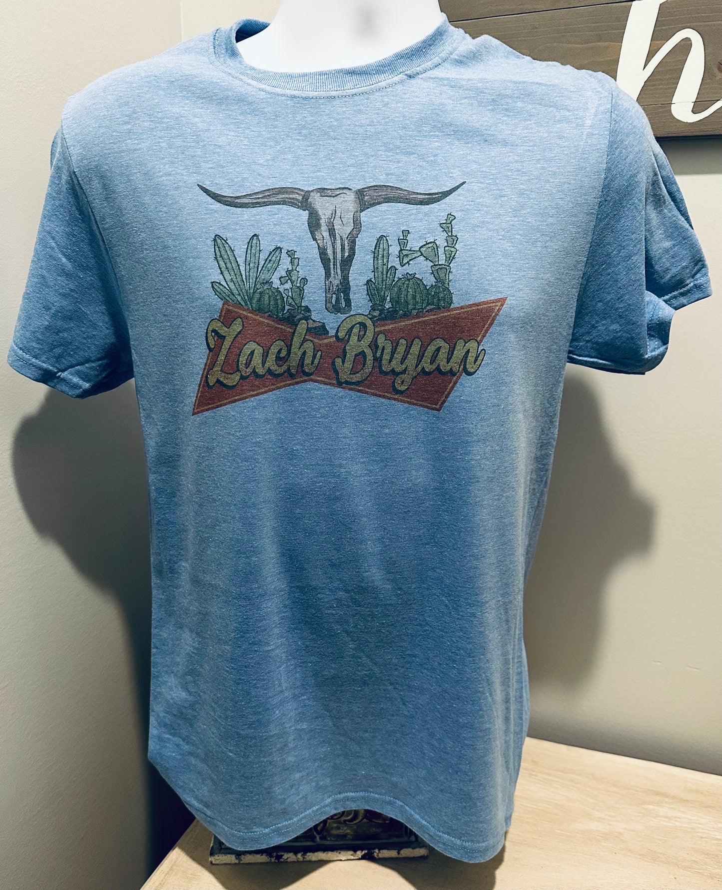 Zach Bryan Inspired Custom  ￼Soft Heather Blue Vintage Distressed Print Tee