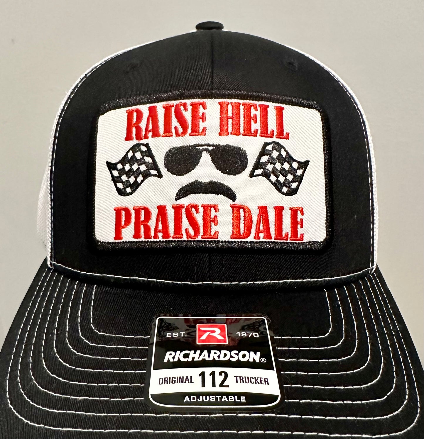 RAISE HELL PRAISE DALE Custom Racing Black & White Richardson 112 Hat