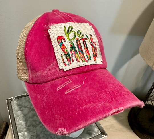 Be Salty Women's Custom Frayed Patch Distressed Pink Trucker Hat!