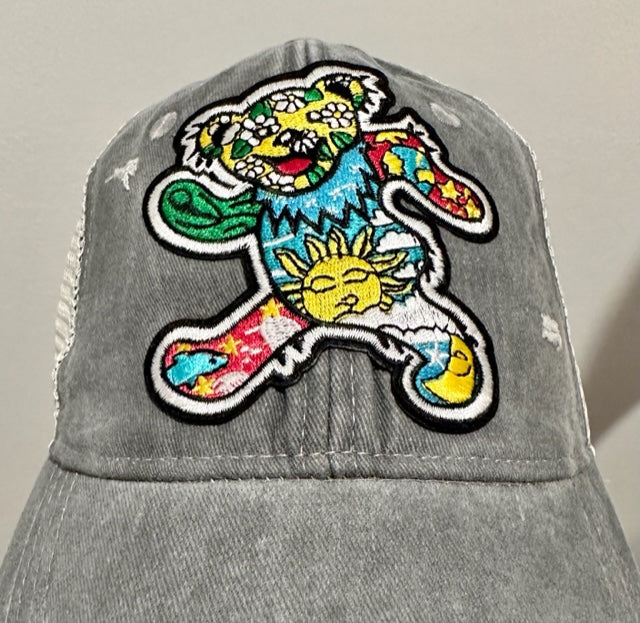 Grateful Dead Dancing Bear Custom Patch Gray Distressed Vintage Style Hat