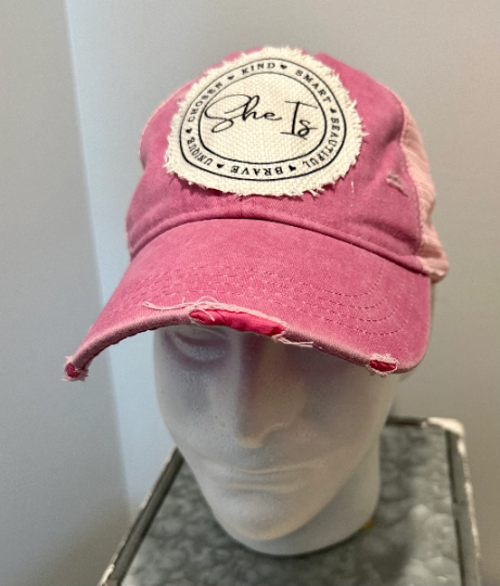 She Is GIRL POWER Pink Distressed Vintage Style Trucker Hat