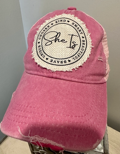 She Is GIRL POWER Pink Distressed Vintage Style Trucker Hat